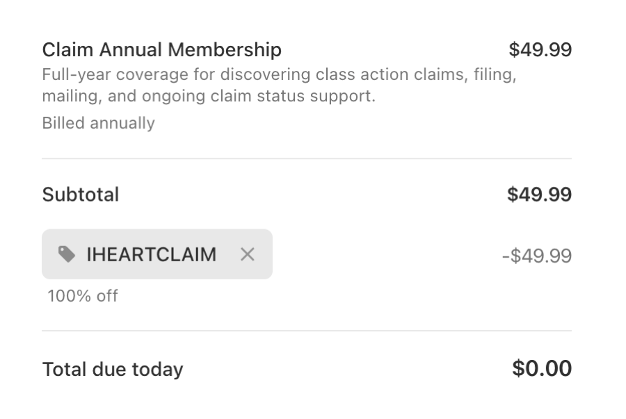 Checkout with code IHEARTCLAIM applied: 100% off, total due today $0.00