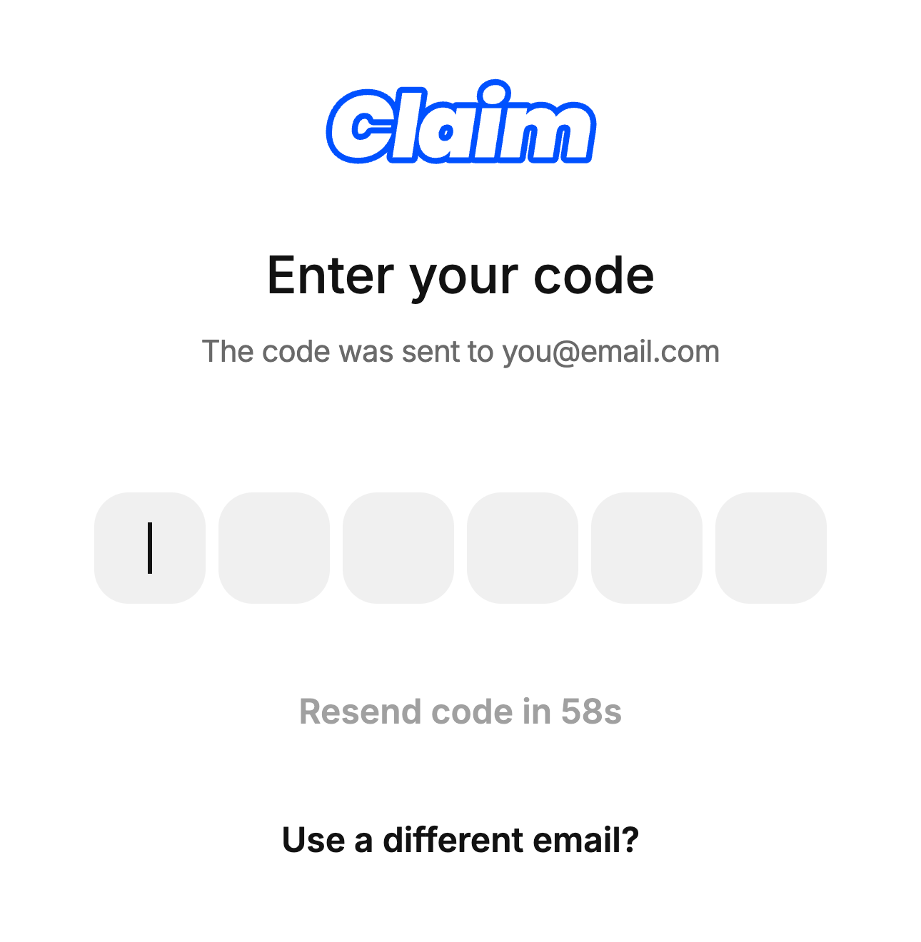 Claim screen: enter the 6-digit code that was sent to your email