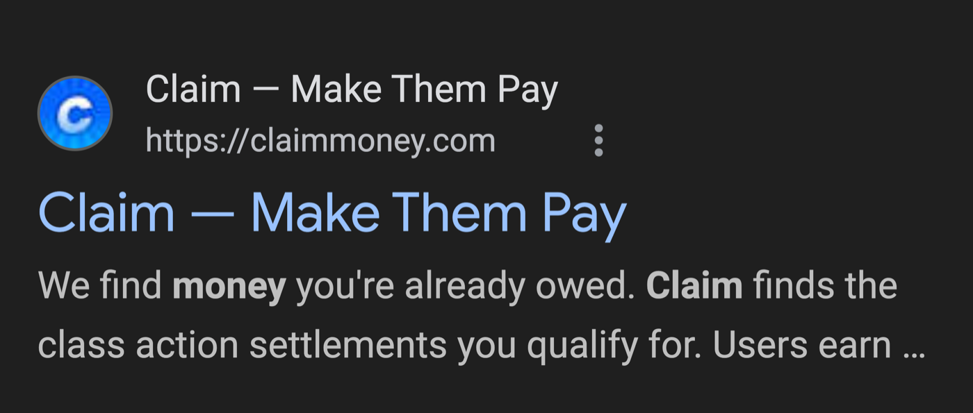 Google result for Claim: Make Them Pay at claimmoney.com