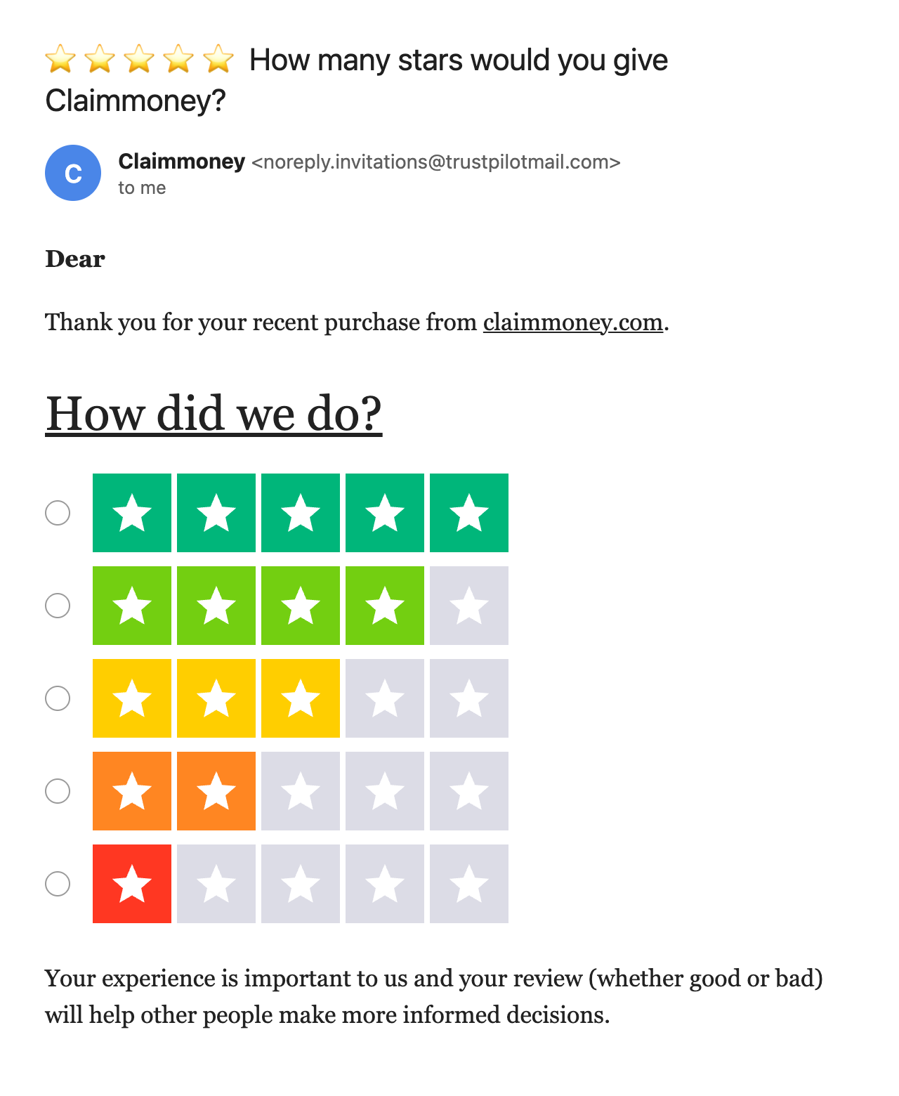 Trustpilot email from Claimmoney: How did we do? with the star rows that open the review page