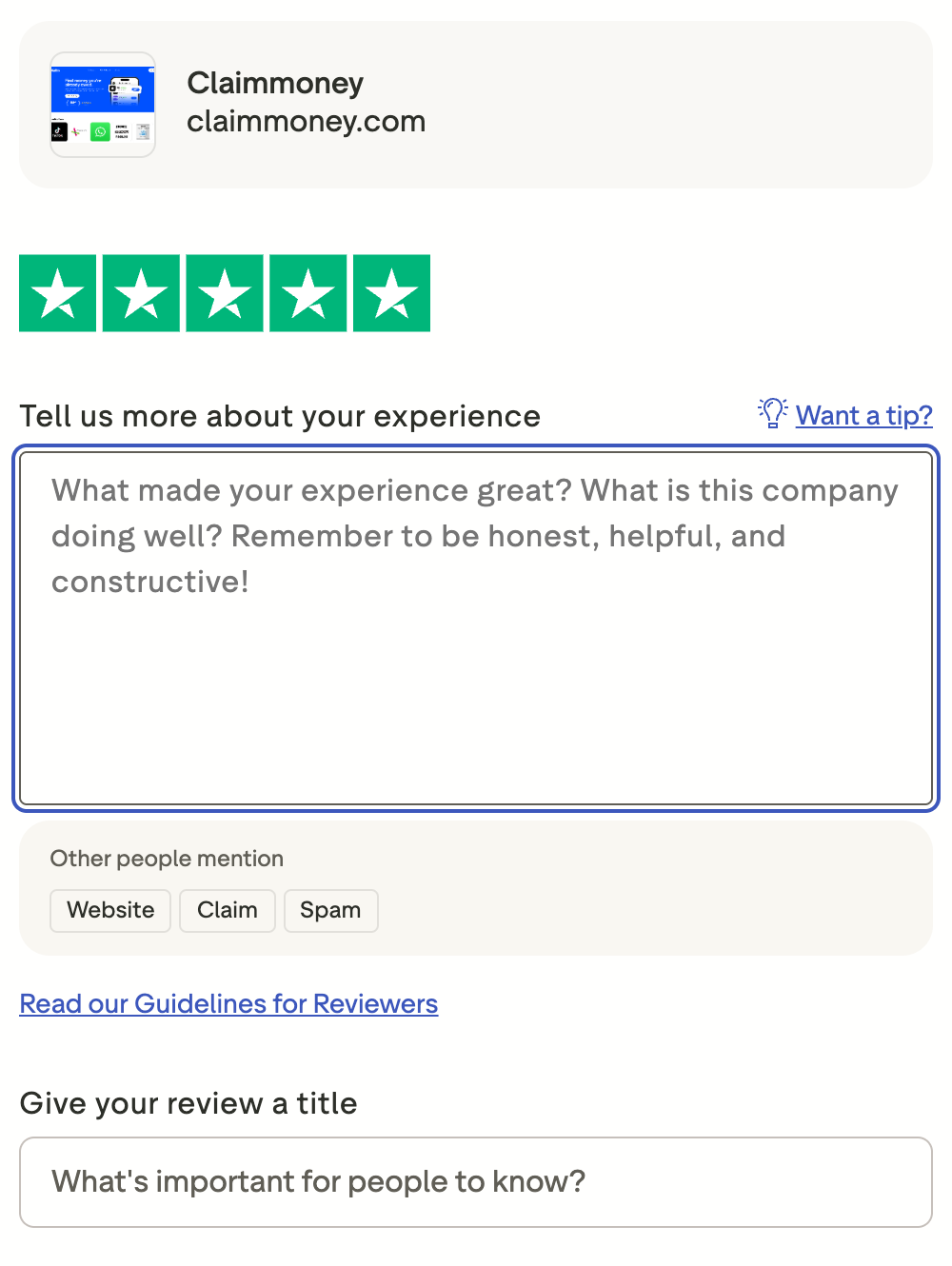 Trustpilot review form for Claimmoney: paste the review and title, then submit